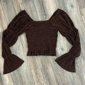 anthropology smocked brown metallic long sleeve crop top size XS